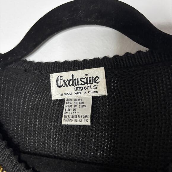 Vintage 90s Exclusive Imports Black Sequin Beaded Ramie Cotton Sweater Harlequin - Picture 9 of 10